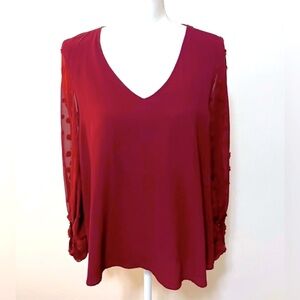 &Merci V Neck Top with Sheer Embellished Sleeves Cranberry Red Color Size Med